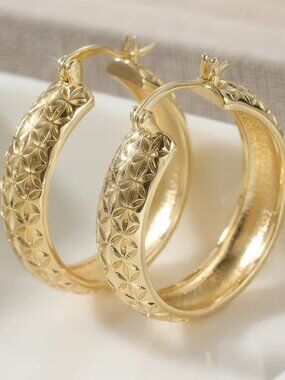 14K Gold Womens Etched Hoop Earrings Ladies Textured 14 K Silver Hoops Jewelry